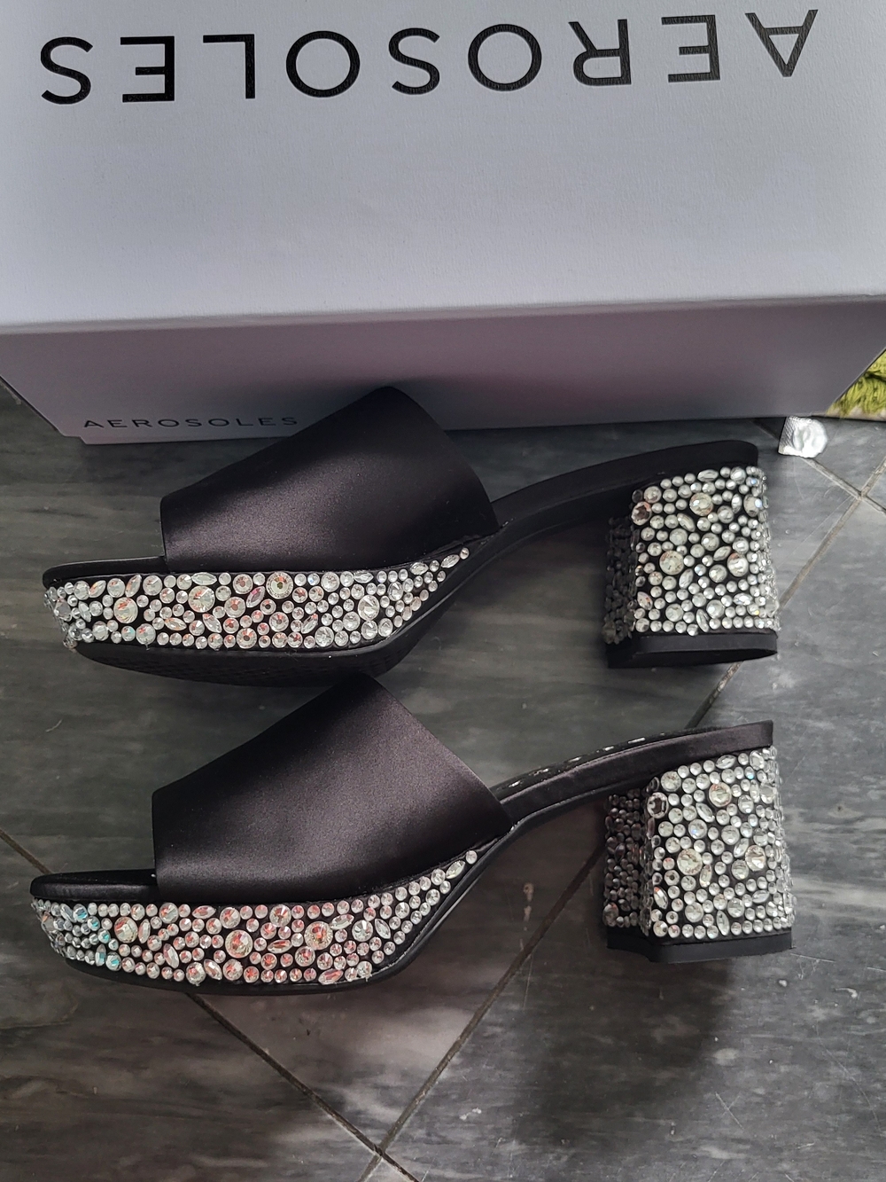 Aerosoles Black Satin Slide Sandals with Crystal Embellishments 8.5 - Picture 9 of 9